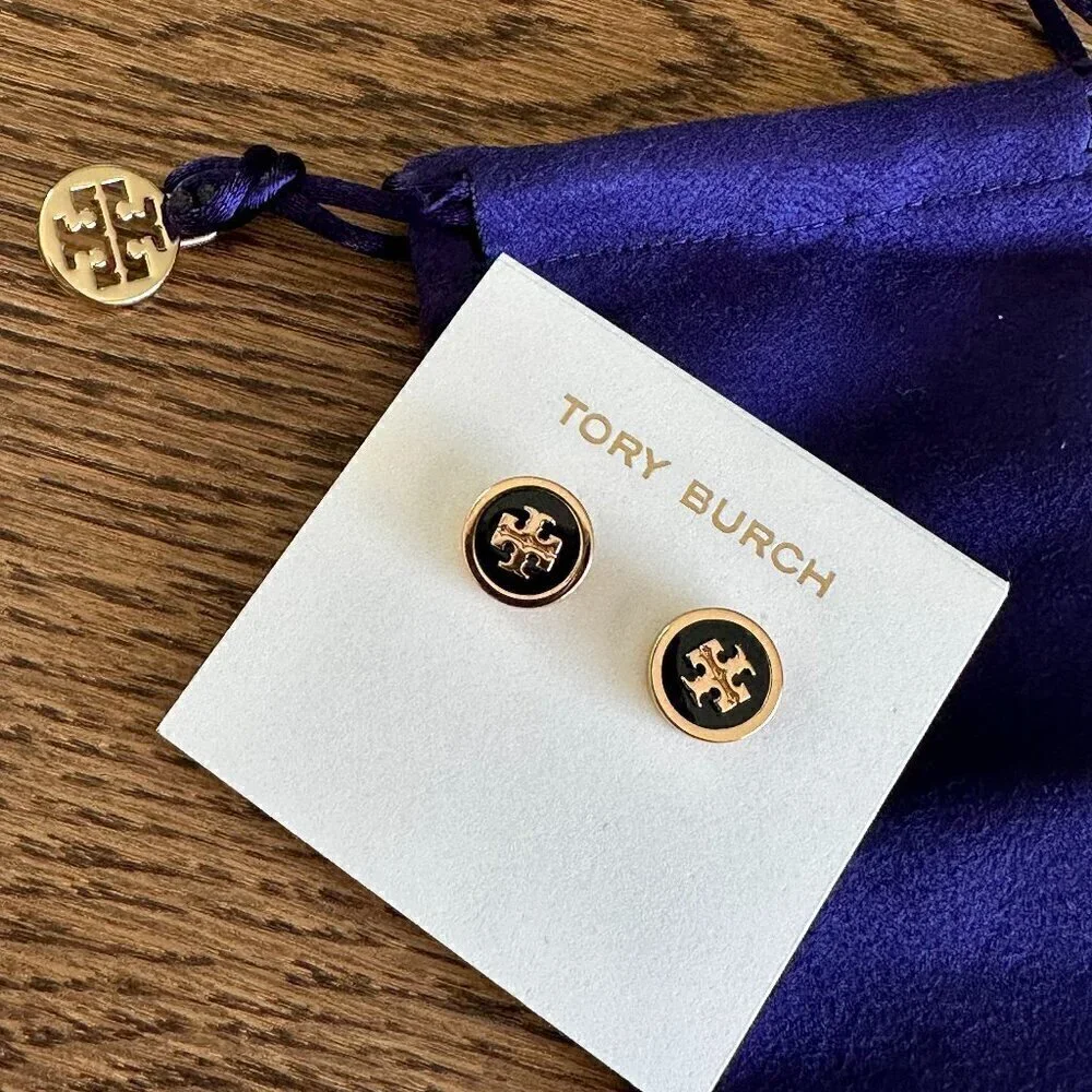 NEW！Tory Burch Enamel Logo Stud Earrings -Black/ Ivory/ Tan